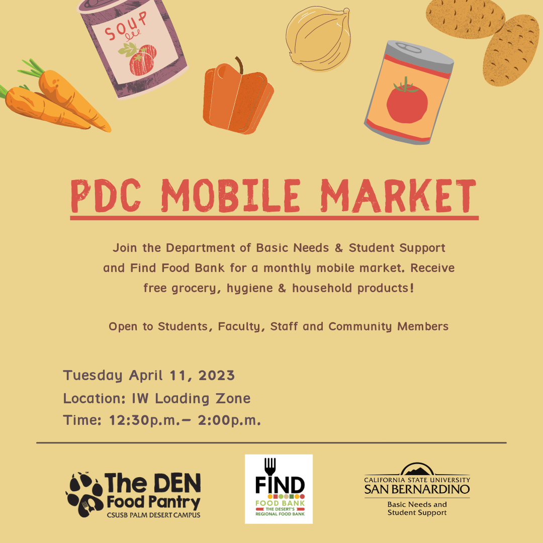 Join the Department of Basic Needs & Student Support and Find Food Bank for a monthly mobile market. Receive free grocery, hygiene & household products!