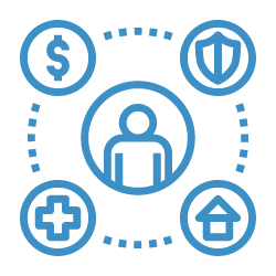 Person in the center of a circle surrounded by a dollar sign, shield, health cross, and house