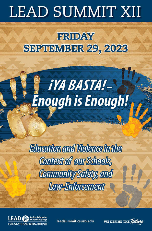 Gold and blue image including hand prints, and event information.  