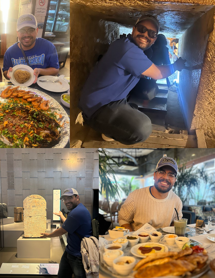 Below are attached a few pictures from the trip that I enjoyed: the first from a restaurant in Cairo, the second from a restaurant in the main bazaar that we visited, the third from inside the Grand Egyptian Museum (GEM) with the Stela of Hor, which was found at Wadi el-Hudi, and the fourth from within the Giza Pyramid Compex as we entered a tomb.
