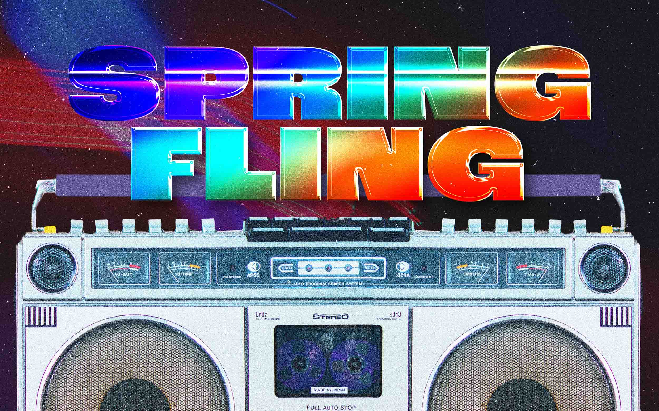 Text reads "Spring Fling", and image of of a cassette/radio boom box peers from the bottom
