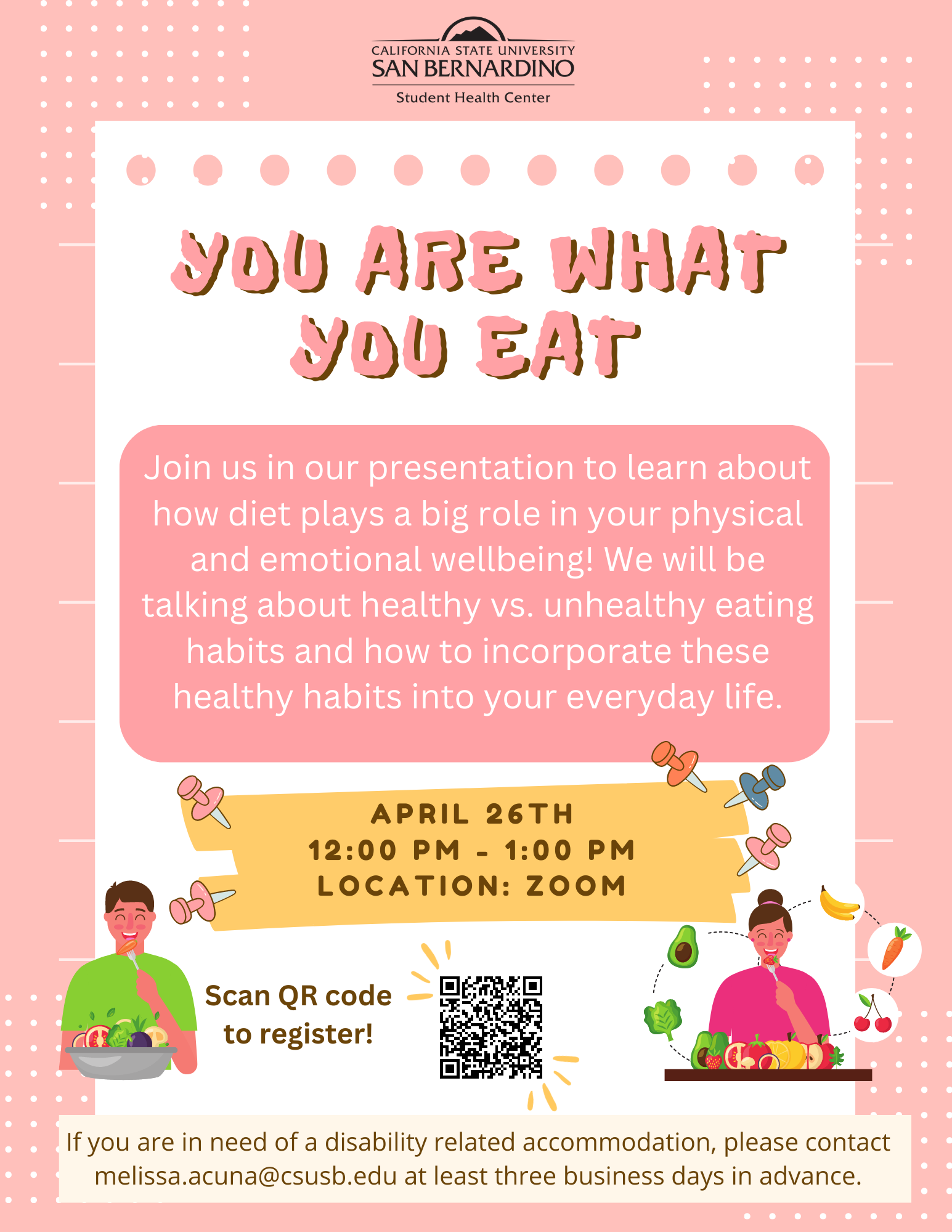 Pink and white flyer for you are what you eat workshop