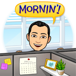 Animated image of a man with black hair looking over cubicle walls, a text bubble saying "Mornin'!" above his head.