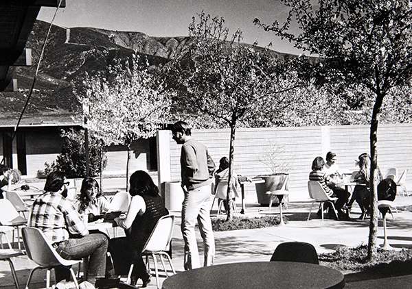 Students outside the Cafeteria (now Chaparral Hall (CH). Winter 1970/1971