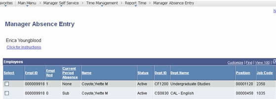 Manager Absence Entry - sample record showing time management task