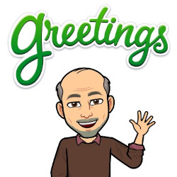 Animated image of a man of color waving hello, above him is written 'Greetings' in green text.