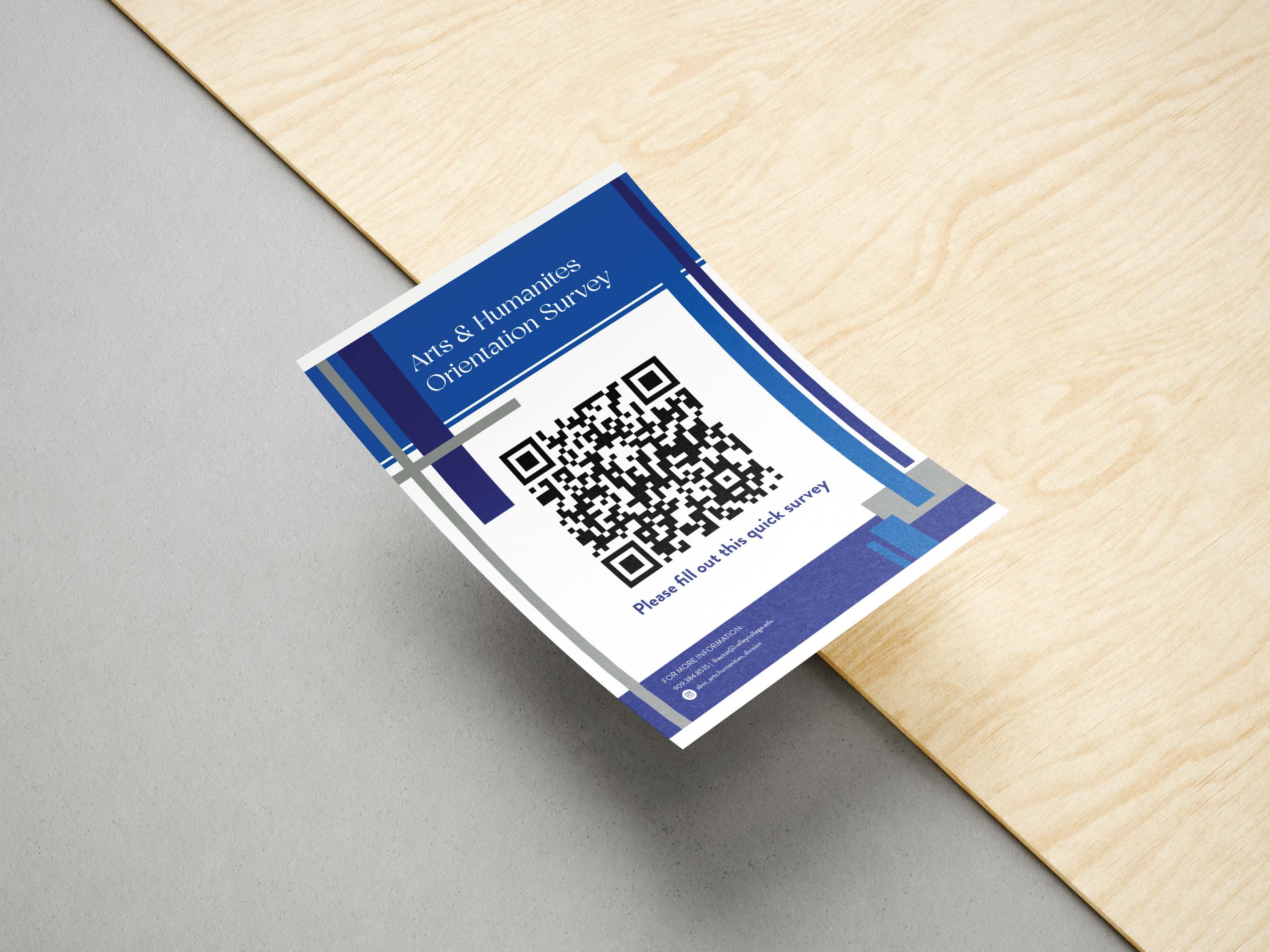 This flyer was placed on tables for the students to scan the QR code to complete a quick survey. This flyer features the same blues and grays as the Division Orientation Flyer