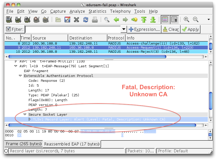 Wireshark screencap showing the TLSv1 alert Unknown CA