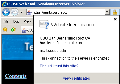 Internet Explorer 7 showing a mail.csusb.edu as 'Identified by CSU San Bernardino Root CA'