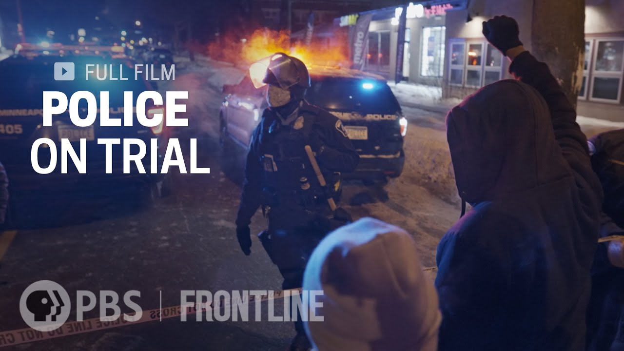 Police on Trial, PBS Frontline film poster, image of snowy street at night, police cars and masked police officer, foreground protesters raise fists