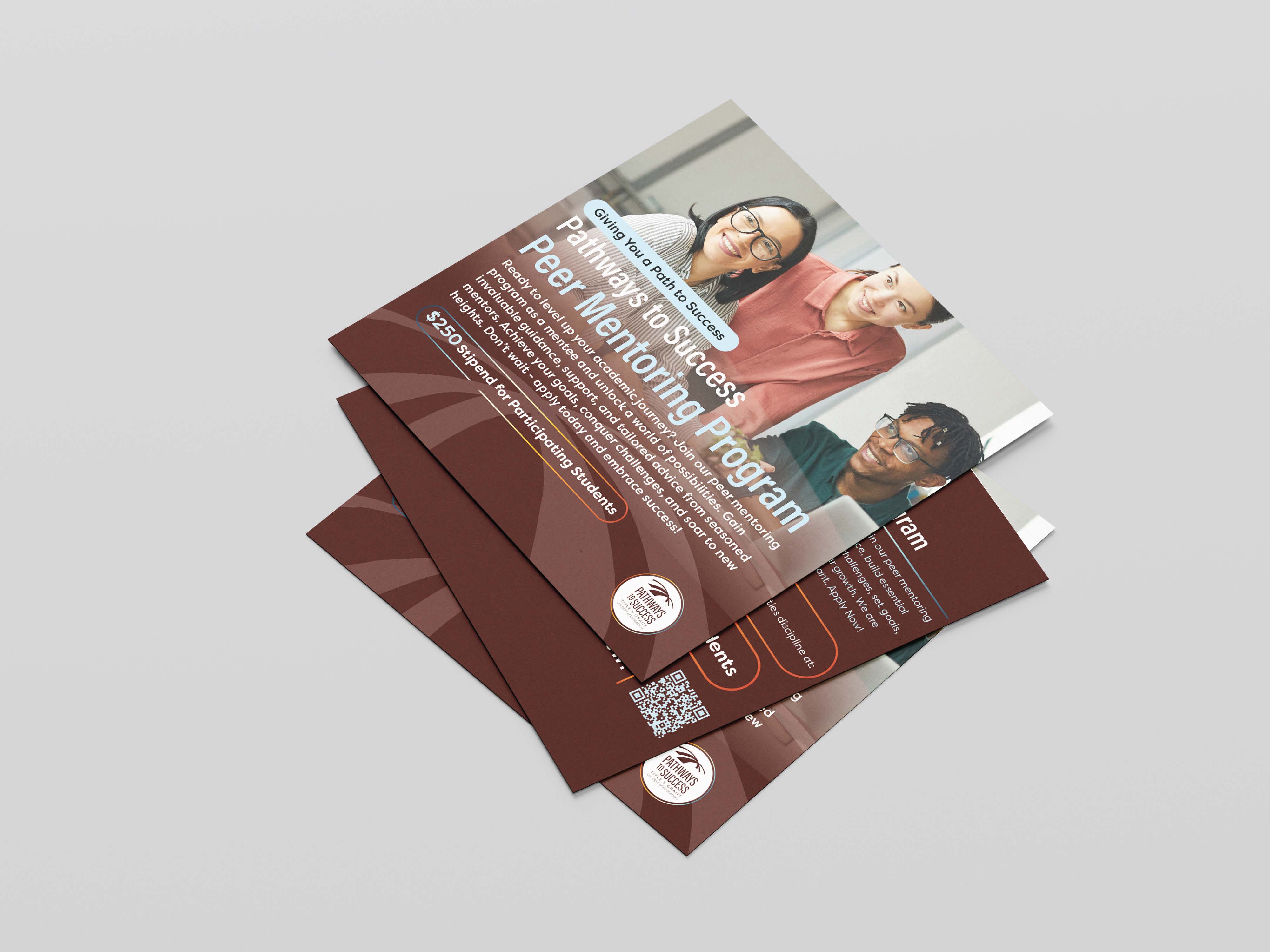 A dark red flyer with three people smiling at the top. It describes peer mentoring and volunteering to be a mentor or peer mentored