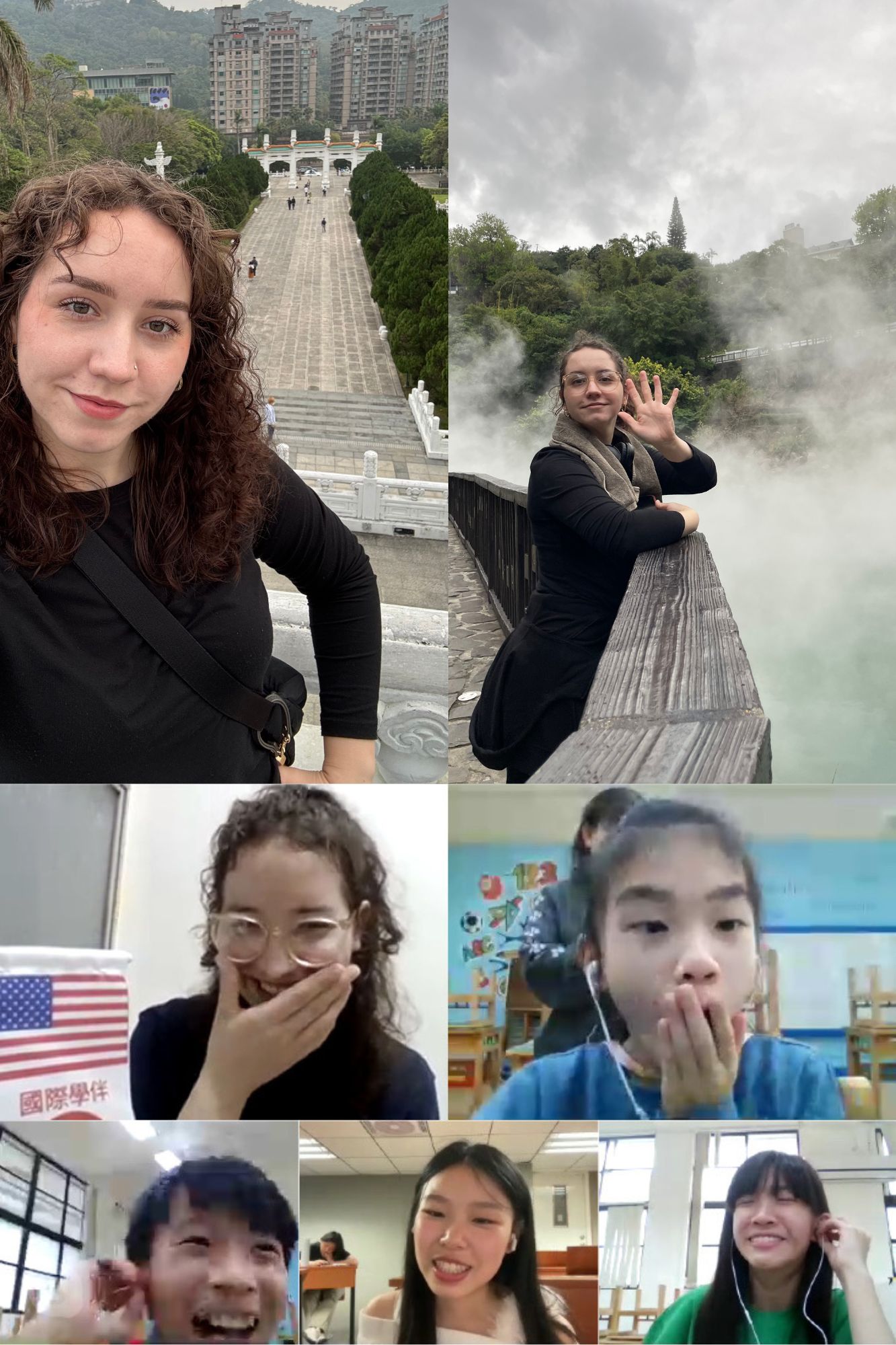 top left is at the National Palace Museum, top right is at Beitou Hot Springs, and bottom is with some of my elementary students