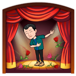 Animated image of a man bowing on a stage while roses are thrown at his feet.