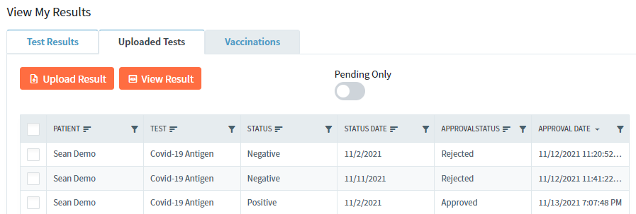 Uploaded Tests tab